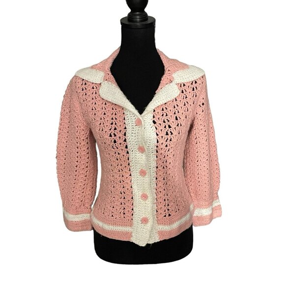VTG Handmade Crochet Knit Woman’s Cardigan Pink & White Button Down Sweater - Picture 1 of 16